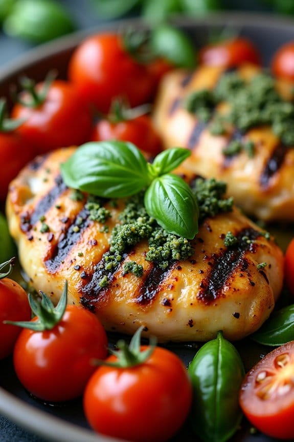 pesto chicken with grilled tomatoes