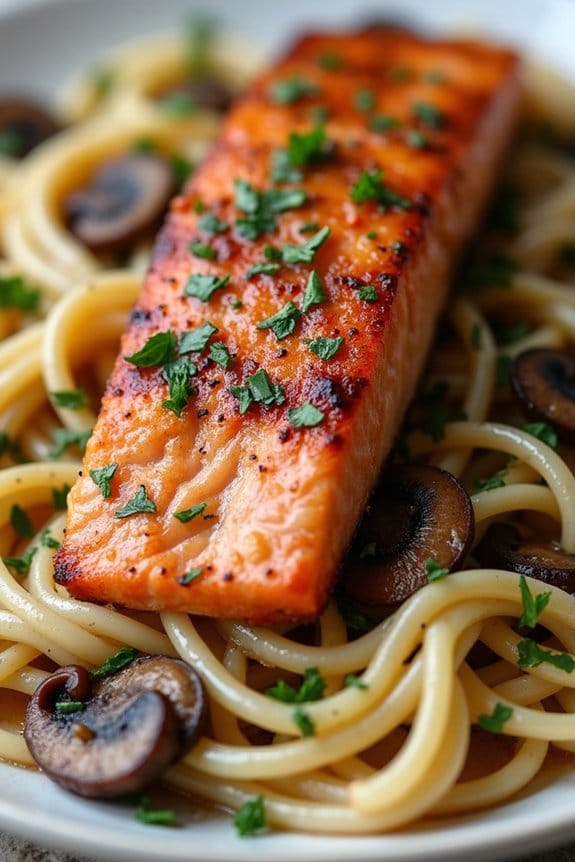 grilled salmon pasta dish
