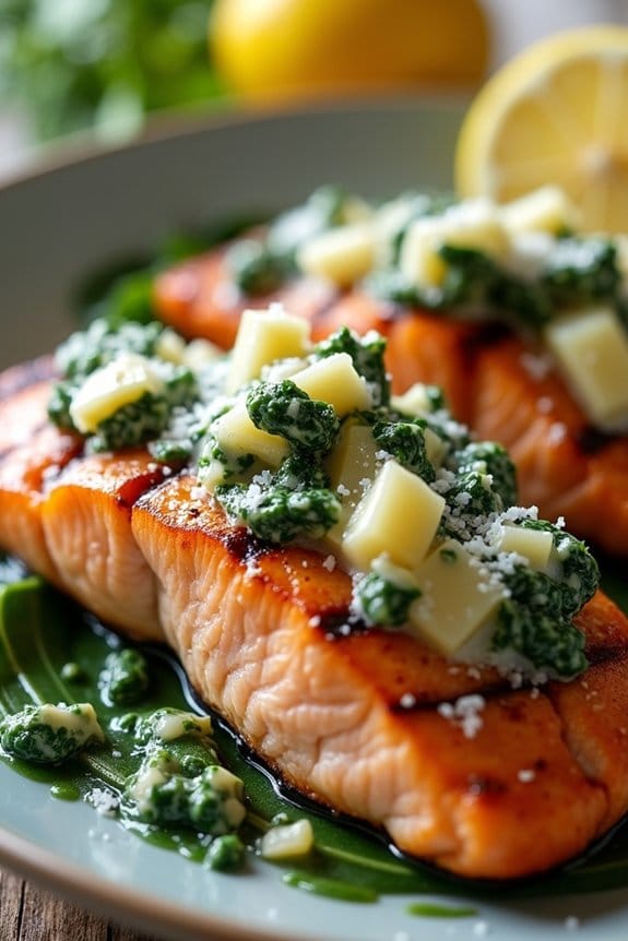 grilled salmon with artichoke topping