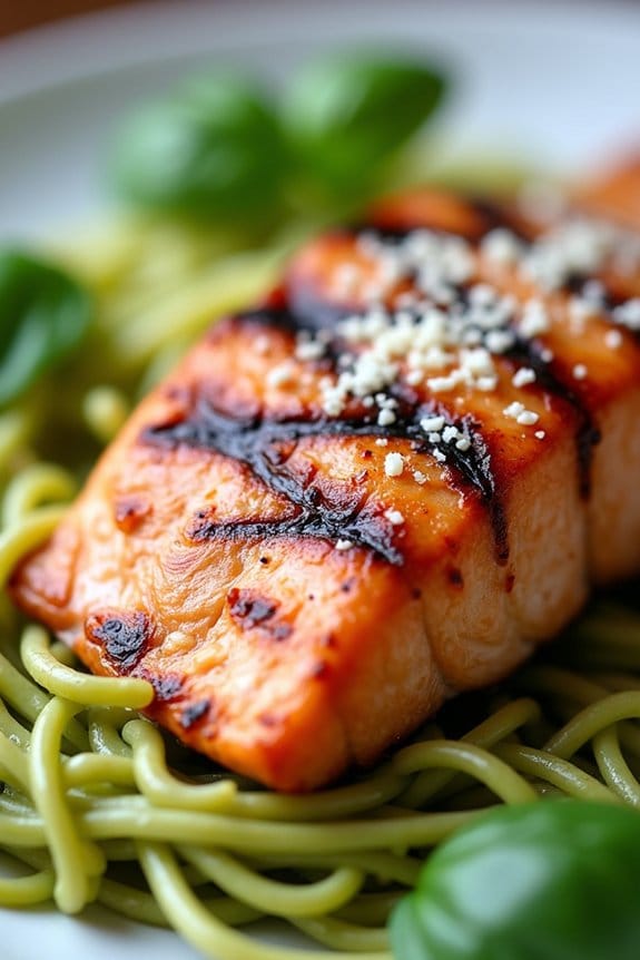 grilled salmon with avocado pasta