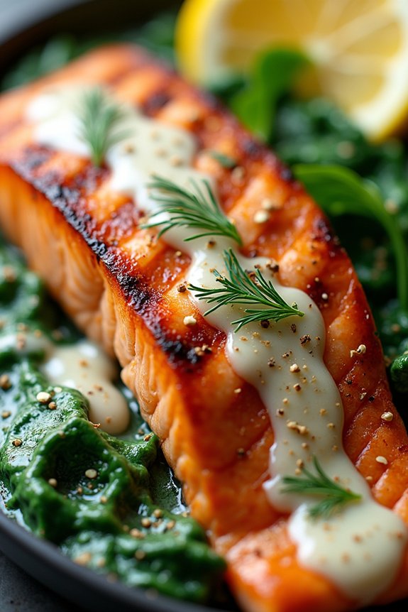 grilled salmon with creamy spinach