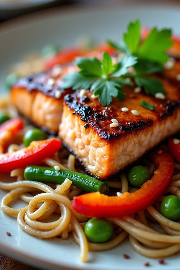 grilled salmon with noodles