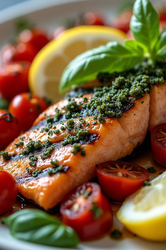 grilled salmon with pesto tomatoes