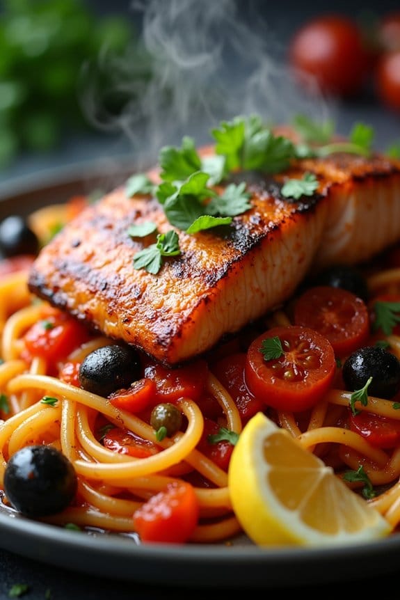 grilled salmon with puttanesca tagliatelle
