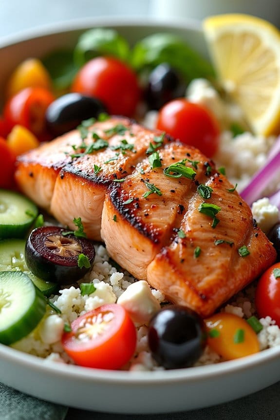 mediterranean salmon rice bowl