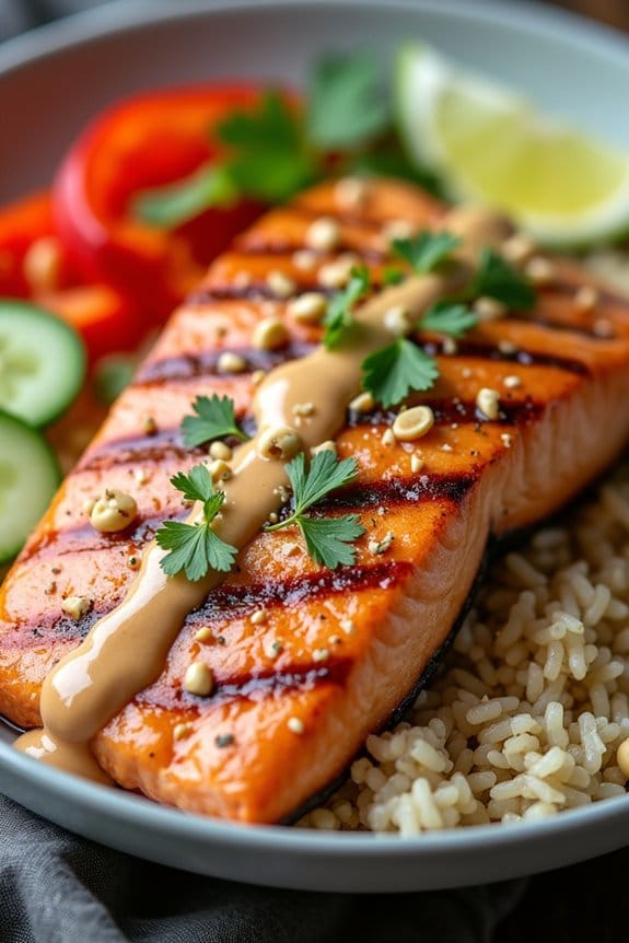 peanut sauce grilled salmon bowl