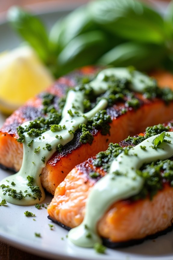 pesto salmon with basil drizzle