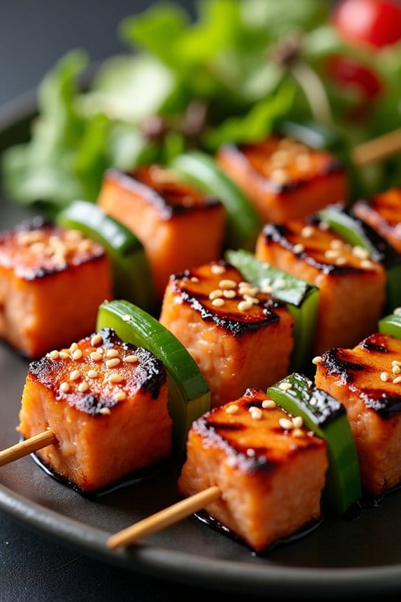 savory sesame miso salmon skewers