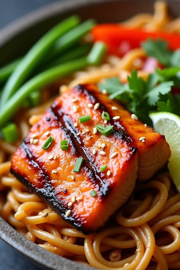 spicy grilled salmon noodle bowl