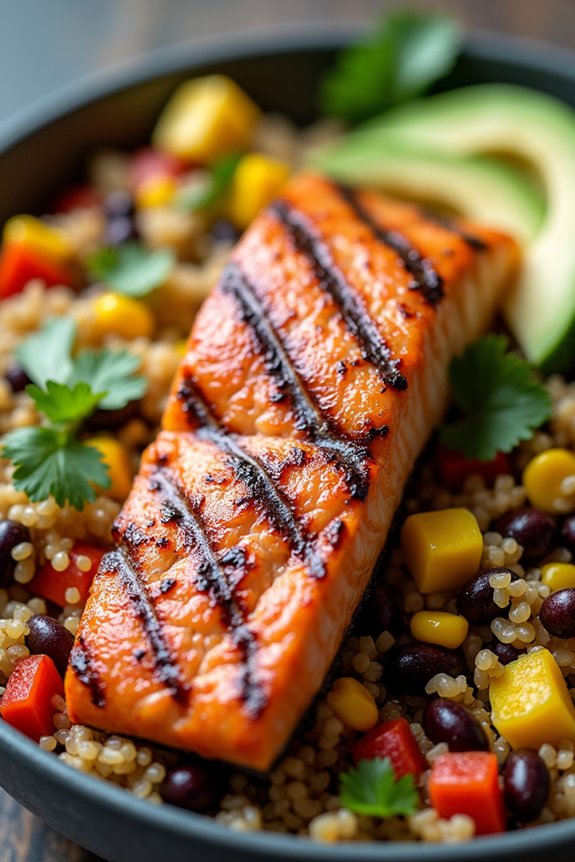 spicy grilled salmon quinoa bowl