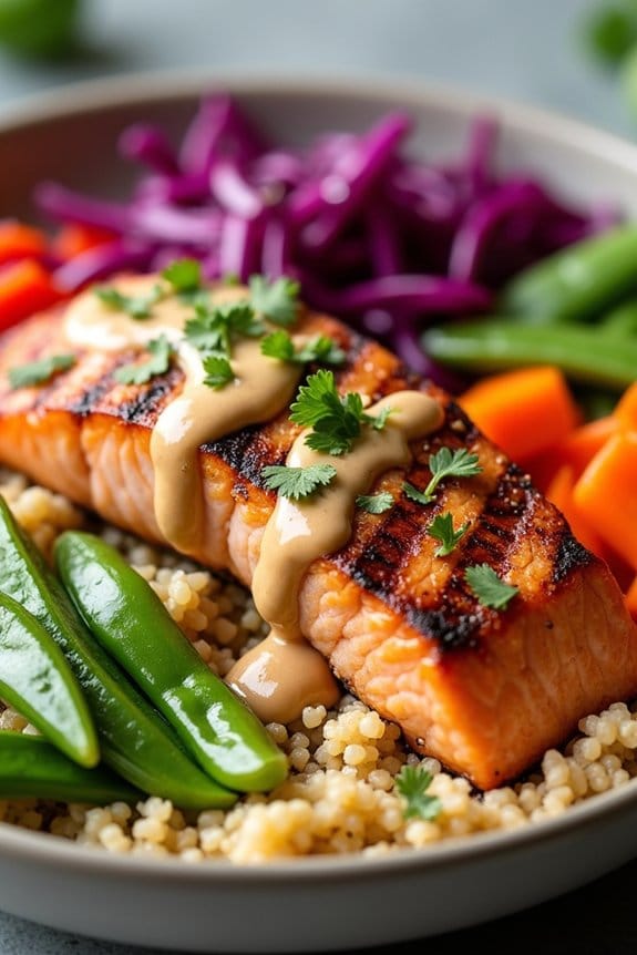 thai peanut salmon quinoa bowl