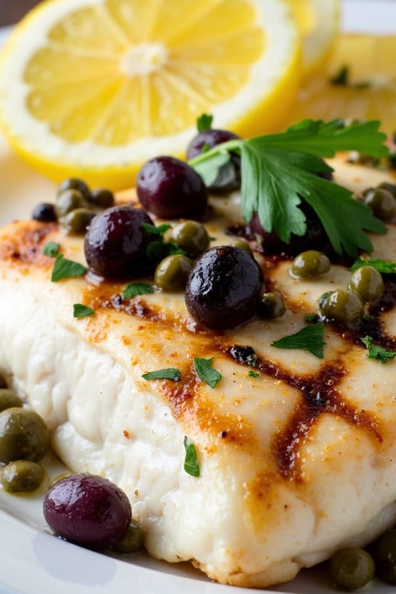 grilled halibut with olives