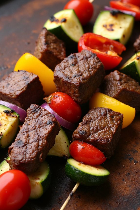 grilled steak and vegetable skewers