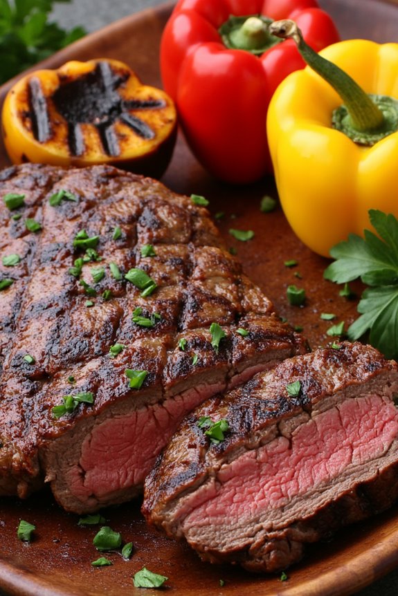 grilled steak with charred peppers