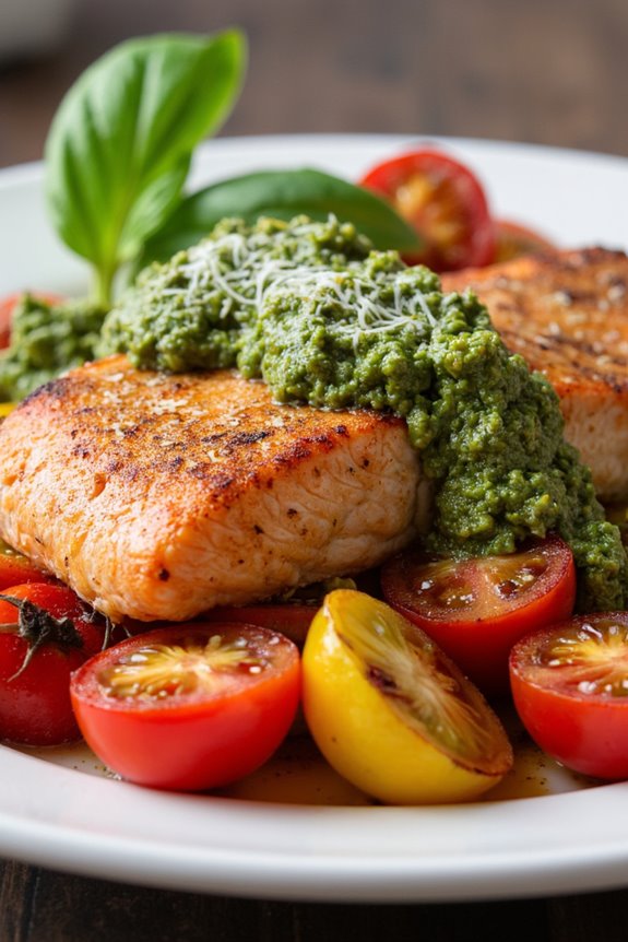 pesto salmon with cherry tomatoes