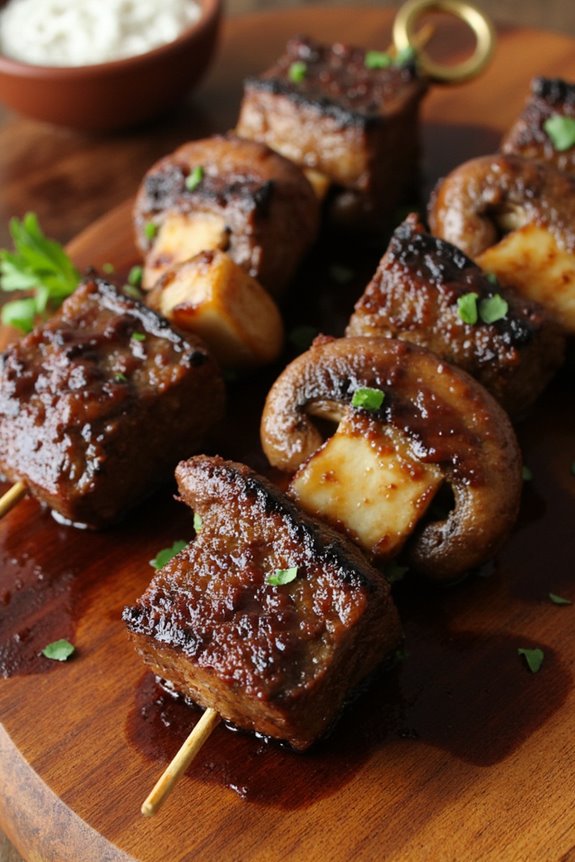balsamic beef and mushroom skewers