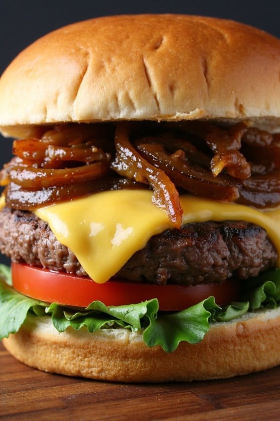 gourmet cheeseburger with caramelized onions
